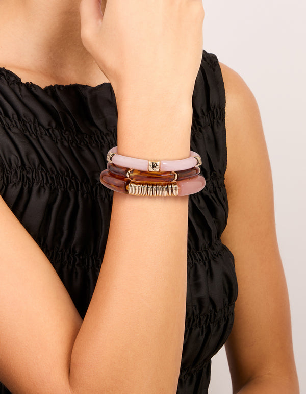 Mixed Pink  Resin & Gold Stretch Bracelets 3-Pack