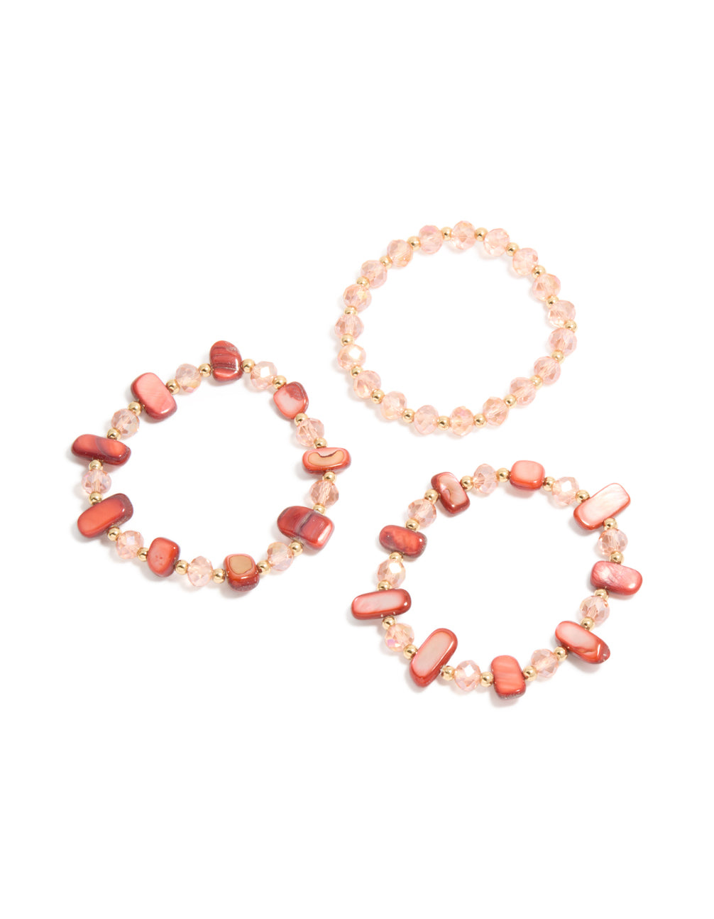 Featuring pink beaded stretch bracelets in light coral, gold, and indian red tones, 3-pack front view