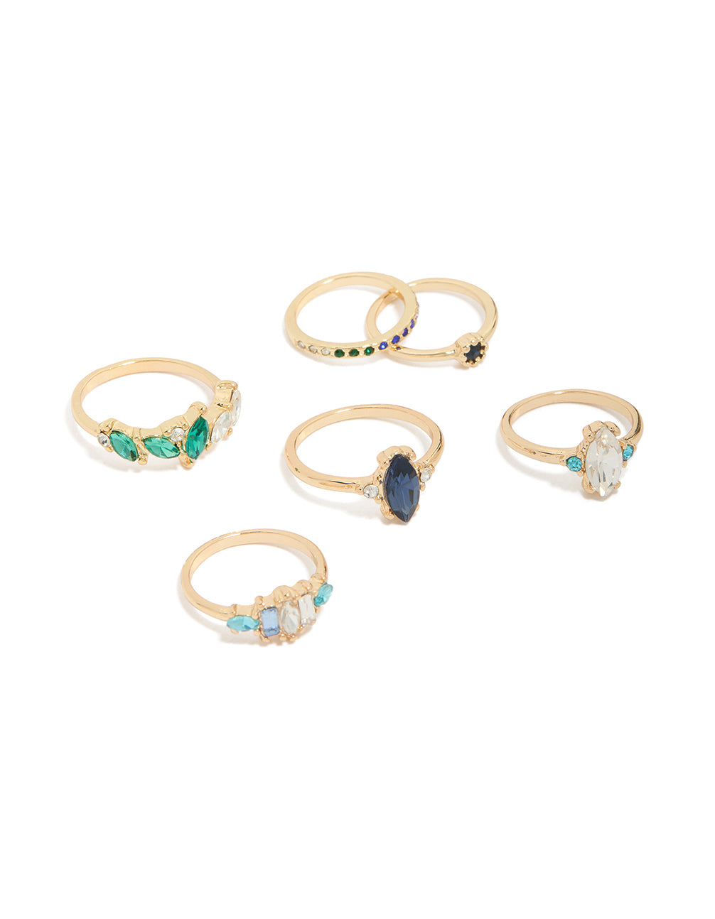 Showcasing a gold dainty ring 6-pack featuring blue, green, and aqua diamante stones front view