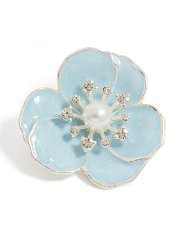Silver Blue  Enamel Flower Pearl Brooch