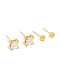 Showcase mens waterproof gold plated stainless steel square cubic zirconia and ball earrings pack with stud closure front view - link has visual effect only