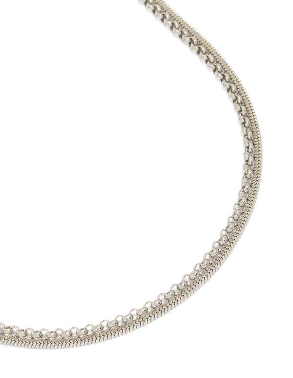 Showcasing mens waterproof stainless steel mini snake chain necklaces with silver finish in 2-pack close up view