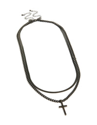 Featuring mens waterproof black coated metal stainless steel cross and snake chain necklaces pack front view - link has visual effect only