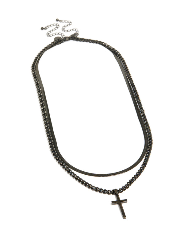 Featuring mens waterproof black coated metal stainless steel cross and snake chain necklaces pack front view