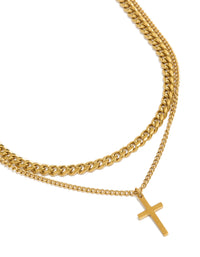 Showcasing waterproof curb chain cross necklaces in gold plated stainless steel with pendant featuring 2-pack close up view - link has visual effect only