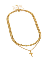 Featuring waterproof curb chain cross necklaces in gold plated stainless steel with pendant 2-pack front view - link has visual effect only