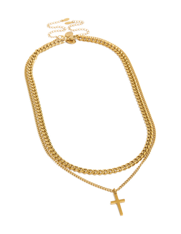 Featuring waterproof curb chain cross necklaces in gold plated stainless steel with pendant 2-pack front view