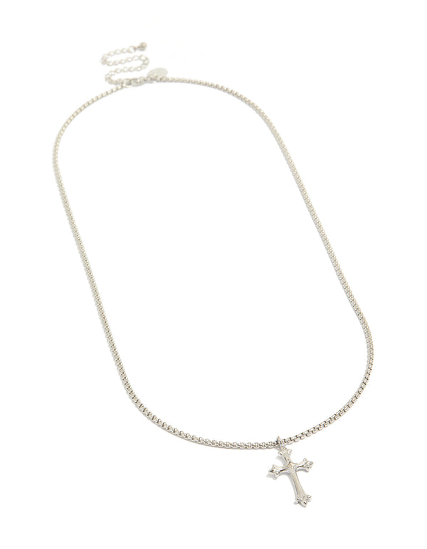 Mens waterproof stainless steel gothic cross necklace featuring pendant in silver front view