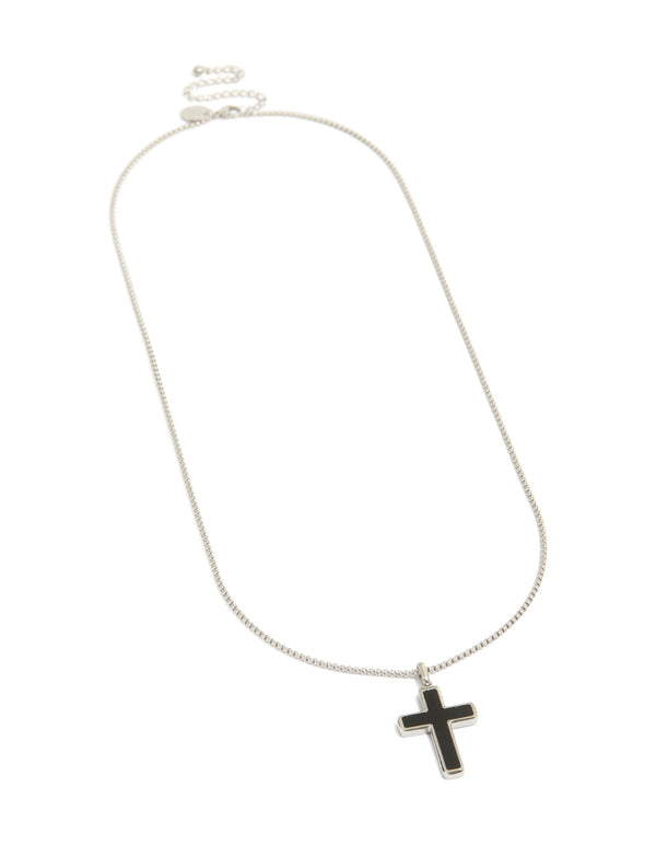 Mens Waterproof Stainless Steel Black Enamel Cross Necklace