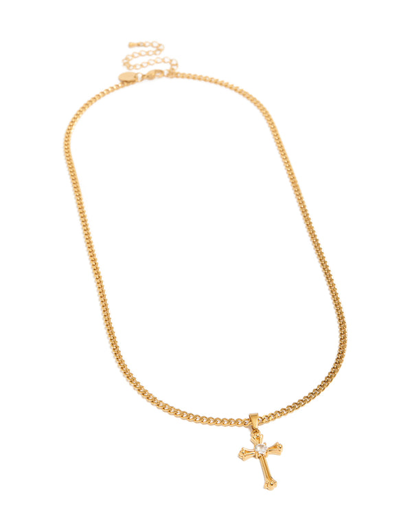 Featuring a mens waterproof gold plated stainless steel cubic zirconia detailed long cross necklace with pendant front view