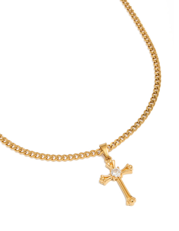Showcasing a mens waterproof gold plated stainless steel cubic zirconia detailed long cross necklace with pendant close up view