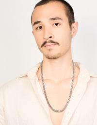 Displayed as a mens waterproof stainless steel classic curb link necklace in silver on model view - link has visual effect only