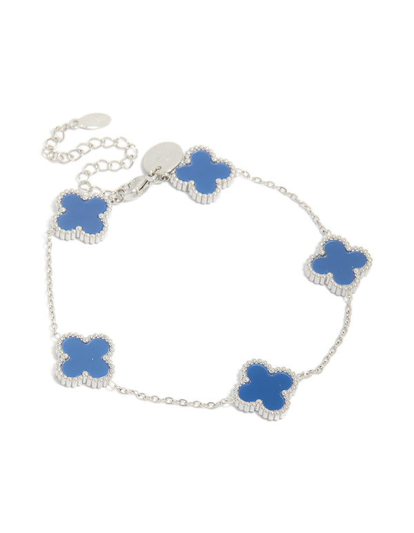Showcasing a mens waterproof stainless steel navy clover chain bracelet with charm details in cornflowerblue and silver, statement style front view