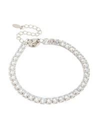 Showcasing a waterproof men's stainless steel tennis bracelet featuring large clear cubic zirconia stones in silver front view - link has visual effect only