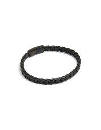Showcasing a mens waterproof black coated stainless steel and PU leather braided bracelet front view - link has visual effect only