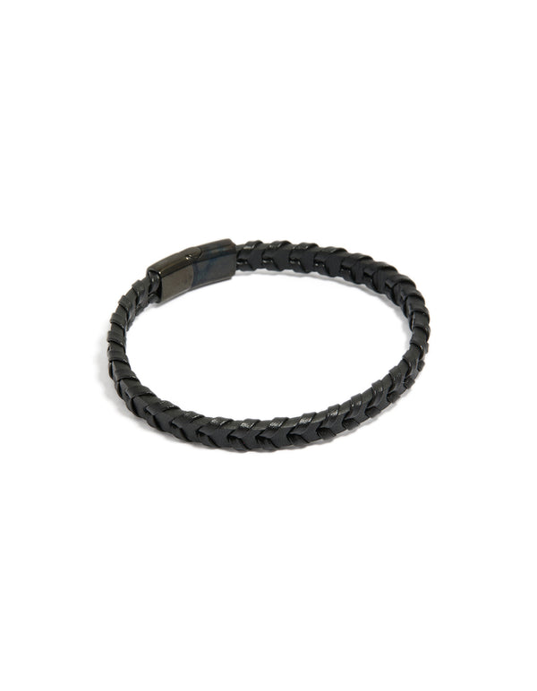 Showcasing a mens waterproof black coated stainless steel and PU leather braided bracelet front view