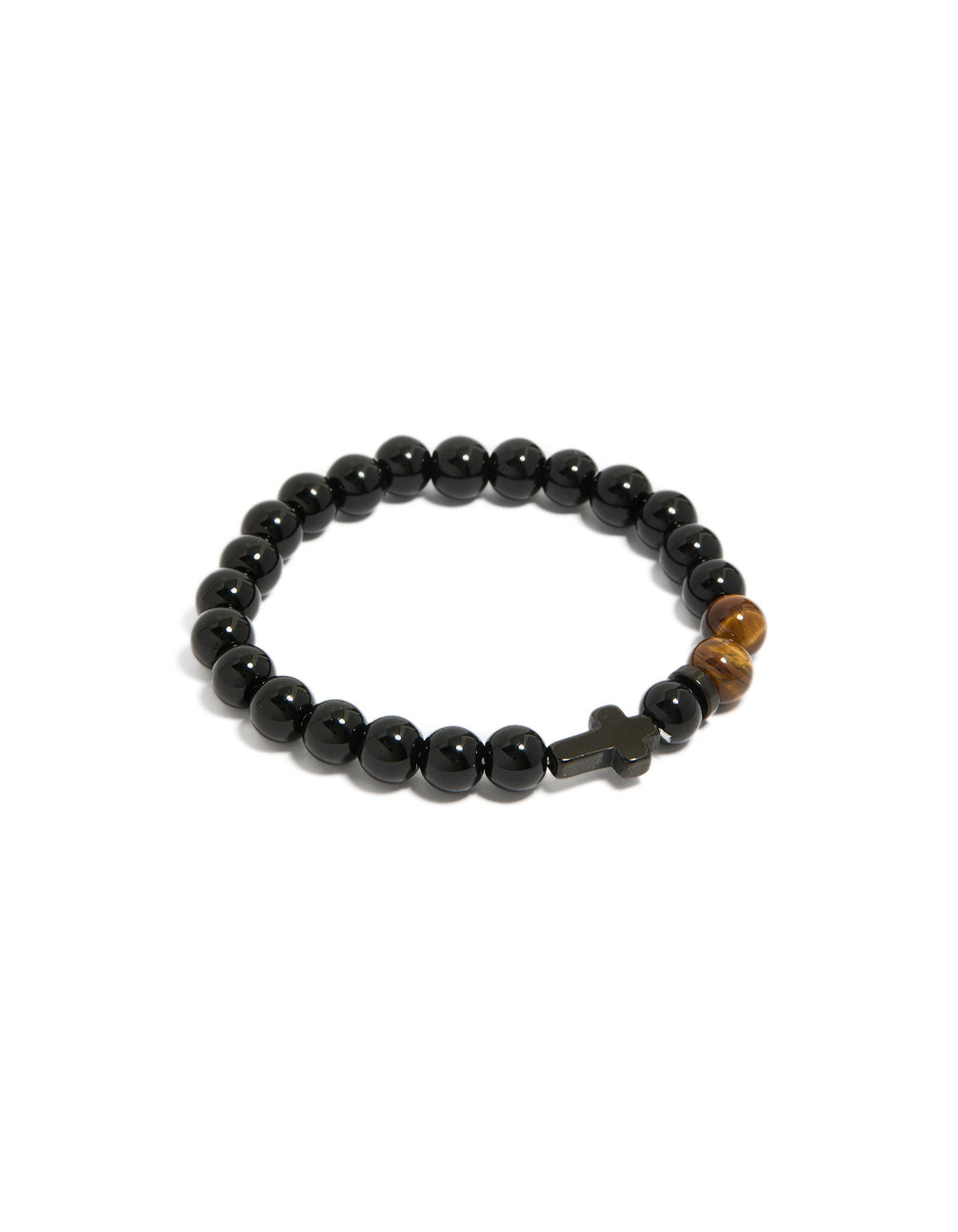 Showcasing a mens waterproof black coated stainless steel bracelet with beaded cross featuring tigers eye semi stones front view