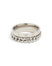 Mens Waterproof Stainless Steel Chain Roman Numeral Detail Ring - link has visual effect only