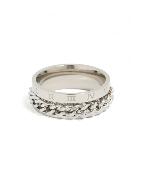 Mens Waterproof Stainless Steel Chain Roman Numeral Detail Ring