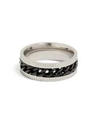 Featuring a mens waterproof stainless steel band ring with black chain detail in silver front view - link has visual effect only