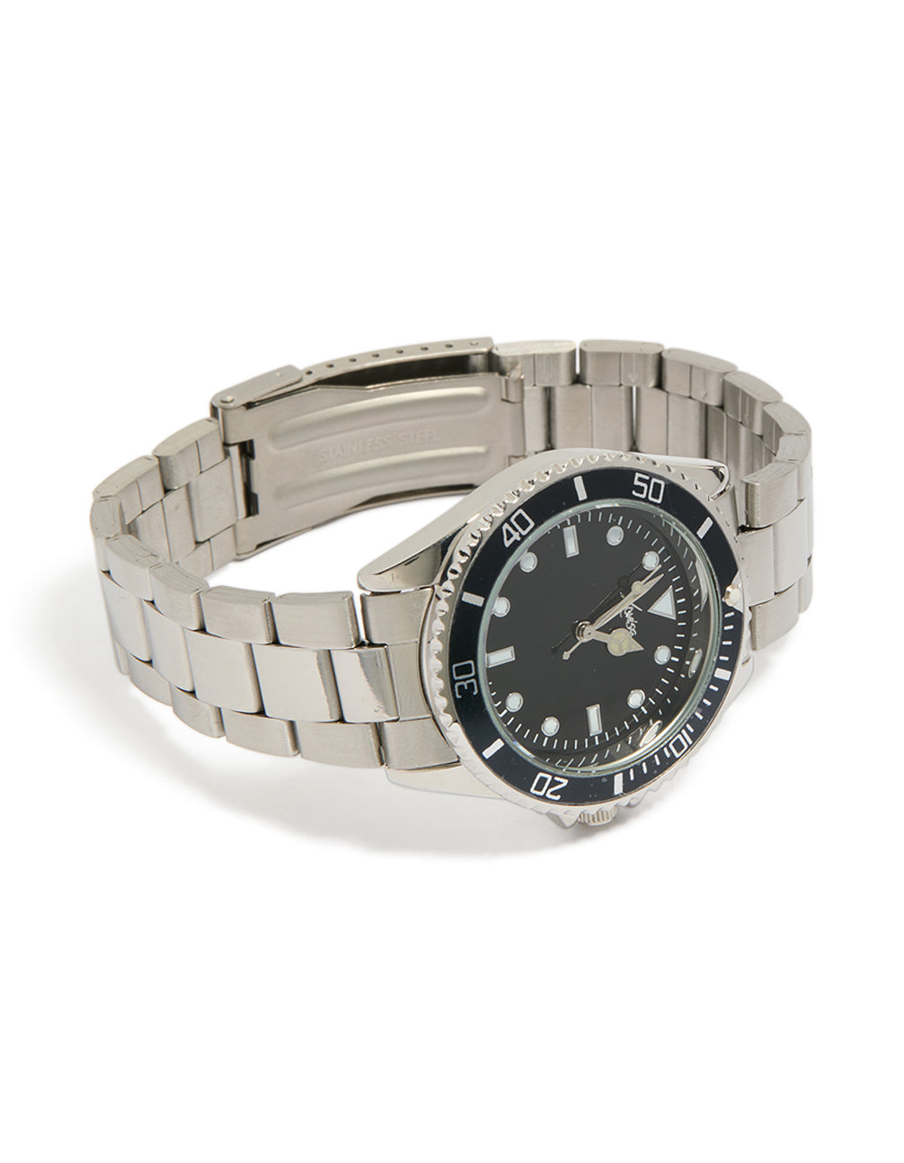 Showcasing a men's analog watch with black round dial and link-band strap in silver for sports occasions front view