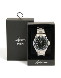 Crafted for men, this silver watch features numbers, black dial, round shape, formal occasion, link band strap, and analog type case detail view - link has visual effect only