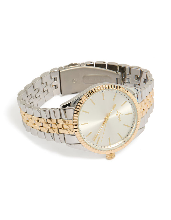 Crafted with men's mixed metal etched link classic watch featuring white dial, round shape, formal occasion, link band in multi-color, and analog type watch face detail view