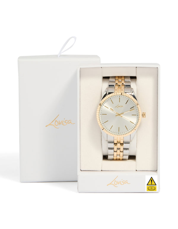 Designed with a men's mixed metal etched link classic watch featuring white dial, round shape, formal occasion, link band in multi-color, and analog type case detail view