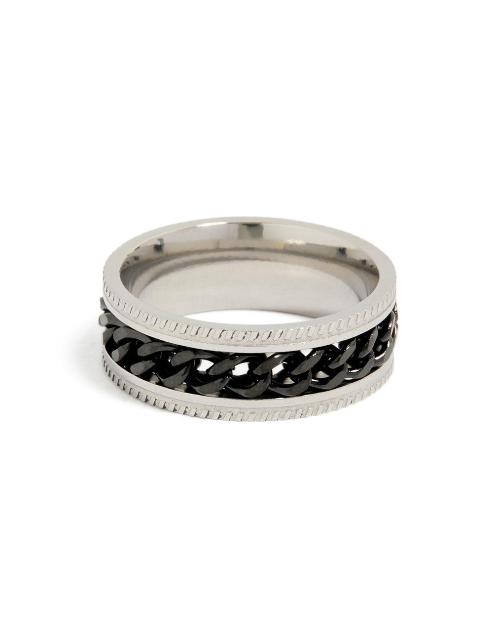 Designed with waterproof stainless steel, this mens black chain detail band ring in silver side detail view