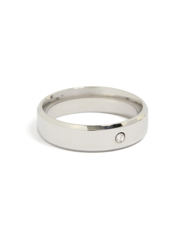 Showcasing a mens waterproof stainless steel smooth solitaire cubic zirconia band ring crafted from crystal in silver with clear accents front view