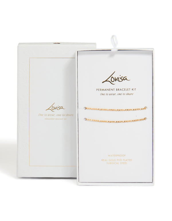 Discover Waterproof Gold Plated Surgical Steel Figaro Permanent Bracelets Pack in packaging close up view