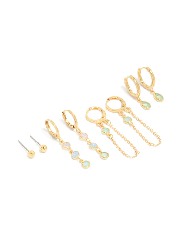 Showcasing dainty stacker earrings crafted from gold plated cubic zirconia with crystal accents in lilac and blue, featuring huggie, and stud closures as a 4-pack front view