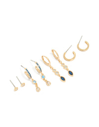 Showcasing gold plated bezel dark blue cubic zirconia marquise stacking earrings in a 4-pack with stud closure front view - link has visual effect only