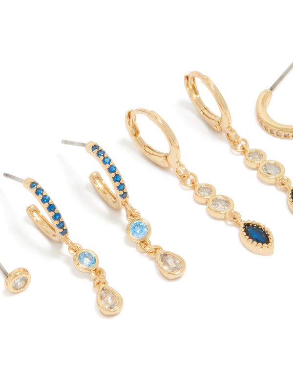 Featuring gold plated bezel dark blue cubic zirconia marquise stacking earrings in a 4-pack with stud closure close up view