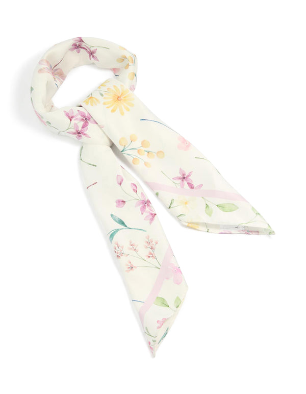 White Yellow & Pink Flower Print Fabric Scarf