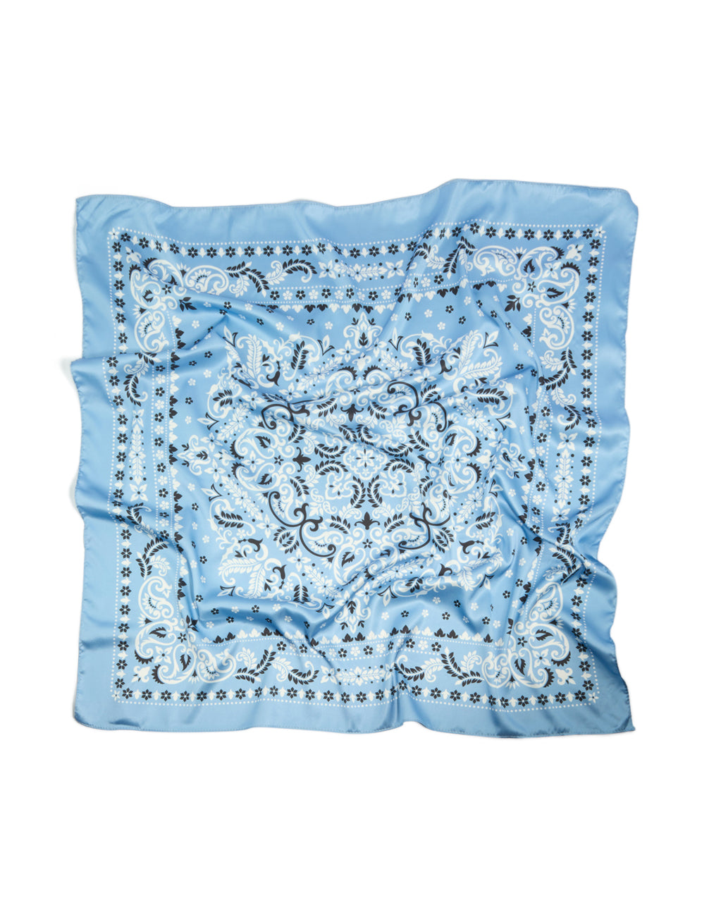 Crafted from fabric, this pale blue scarf with printed paisley pattern and leaf details in light sky blue, white, and black detail view