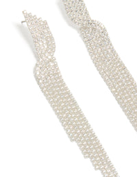 Highlighting silver cubic zirconia cupchain drop earrings with detailed cupchain texture, tassel design close up view - link has visual effect only