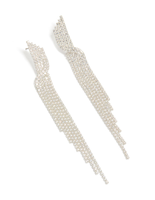 Showcasing silver cubic zirconia cupchain drop earrings with cup chain tassel design front view