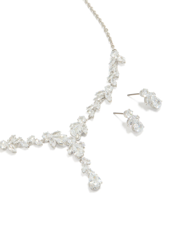 Silver Cubic Zirconia Vine Necklace & Earrings Set