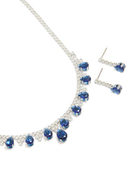 Silver Dark Blue Cubic Zirconia  Necklace & Earrings Set - link has visual effect only