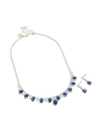 Silver Dark Blue Cubic Zirconia  Necklace & Earrings Set - link has visual effect only