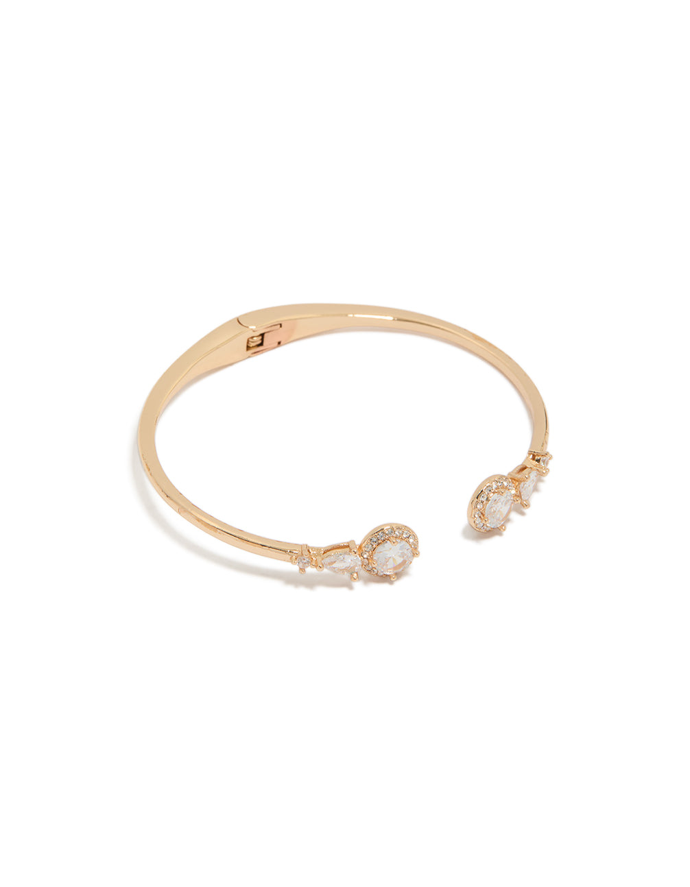 Crafted from gold cubic zirconia, this hinged circle open wrist cuff bracelet front view