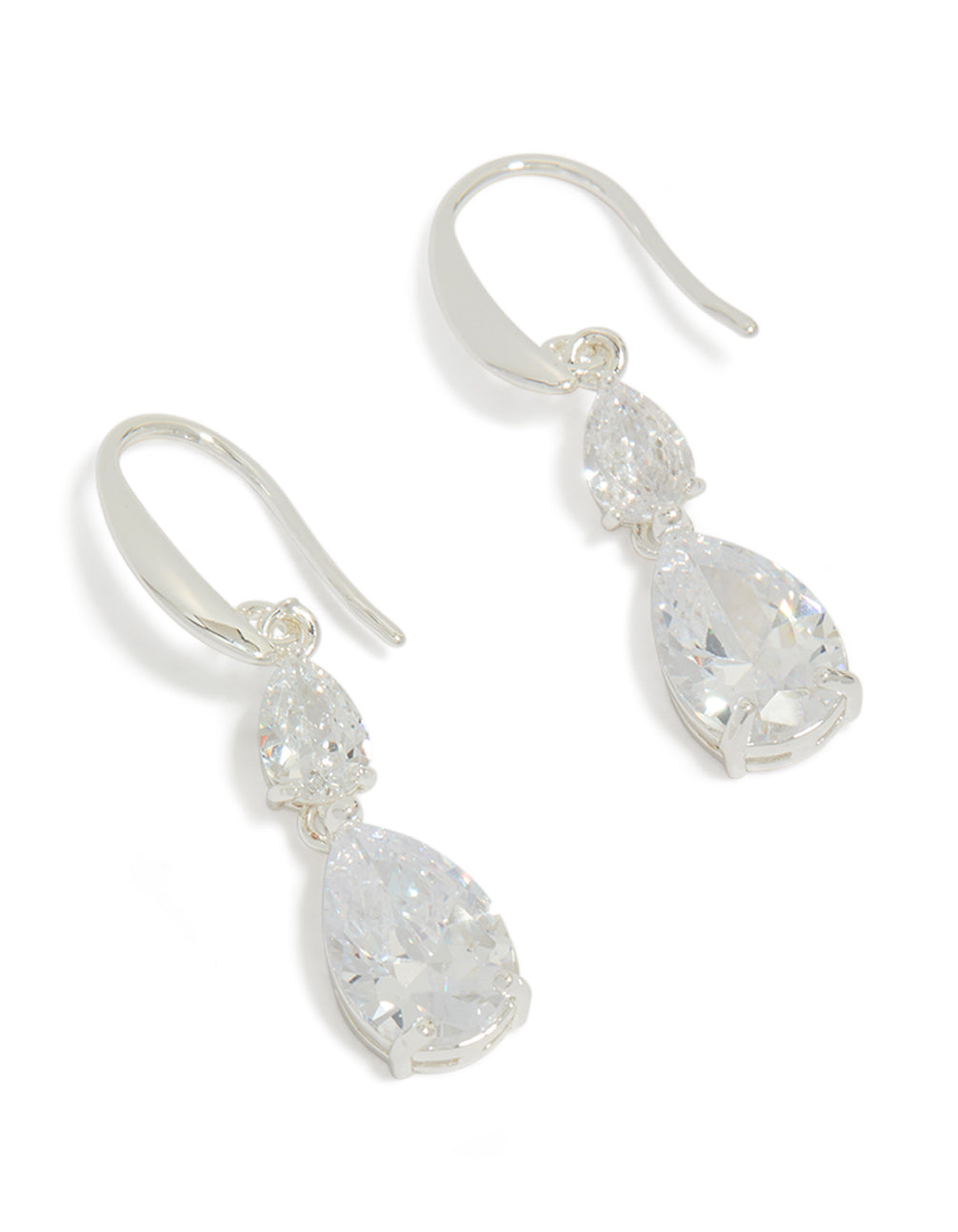 Crafted from silver plated material, these cubic zirconia drop hook earrings feature clear accents front view