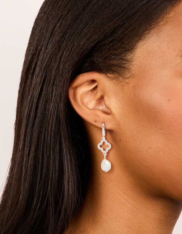 Silver Plated Pave Clover Pearl Drop Earrings