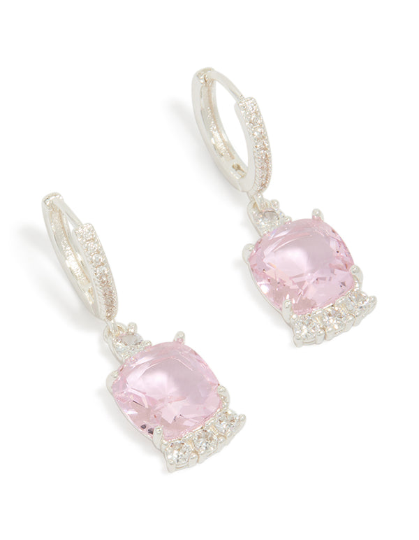 Silver Plated Cubic Zirconia Pink Square Drop Huggie Earrings
