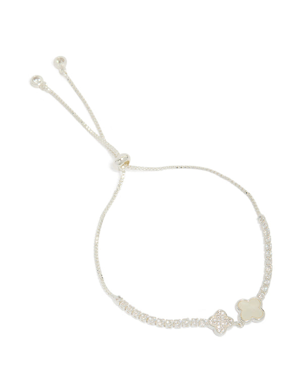 Silver Plated Cubic Zirconia Double Flower Toggle Bracelet