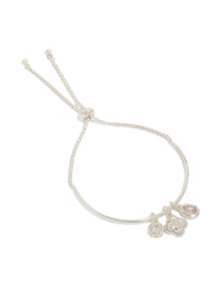 Showcasing this silver plated cubic zirconia clover charm toggle bracelet front view - link has visual effect only
