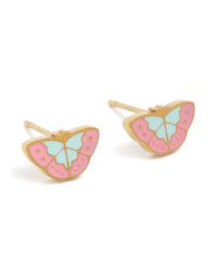 Showcasing waterproof gold plated stainless steel multicoloured enamel butterfly stud earrings in pink, powder blue front view - link has visual effect only
