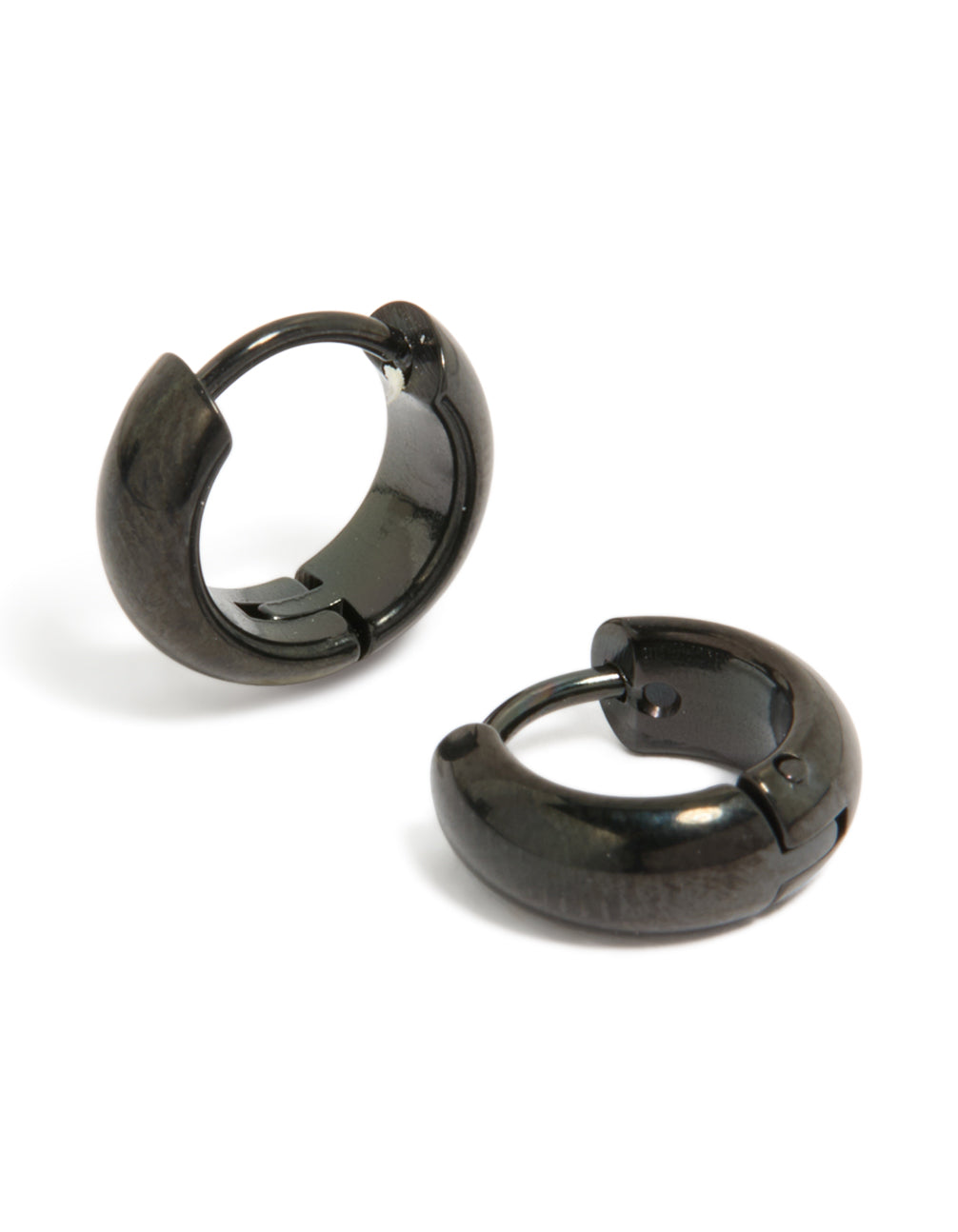 Crafted from waterproof black coated stainless steel, these chunky huggie earrings front view