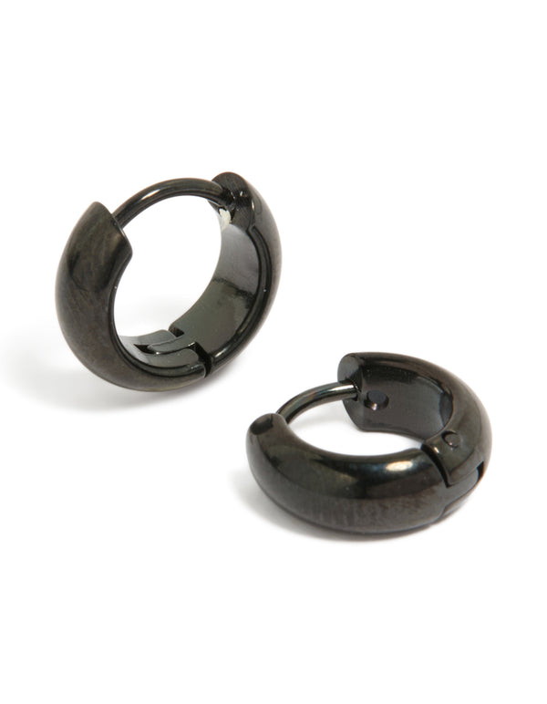 Featuring statement chunky huggie earrings crafted from waterproof black coated stainless steel front view